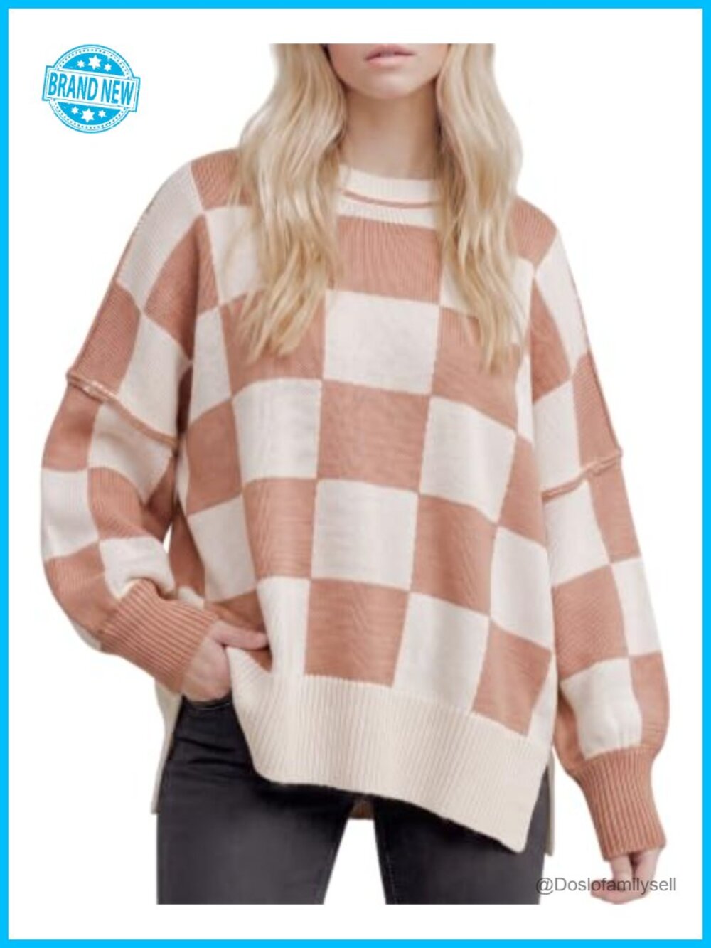 Oversized Batwing Sleeve Knit Pullover Sweater Plaid Reverse Stitch Side Slit